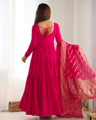 Pink Roman Silk Chanderi Fabric Fully Flared Anarkali Suit With Pent and Dupatta Set