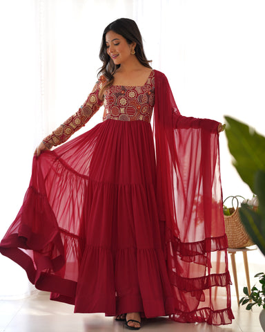 Maroon Pure Fox Georgette Anarkali Suit with Dupatta & Pant