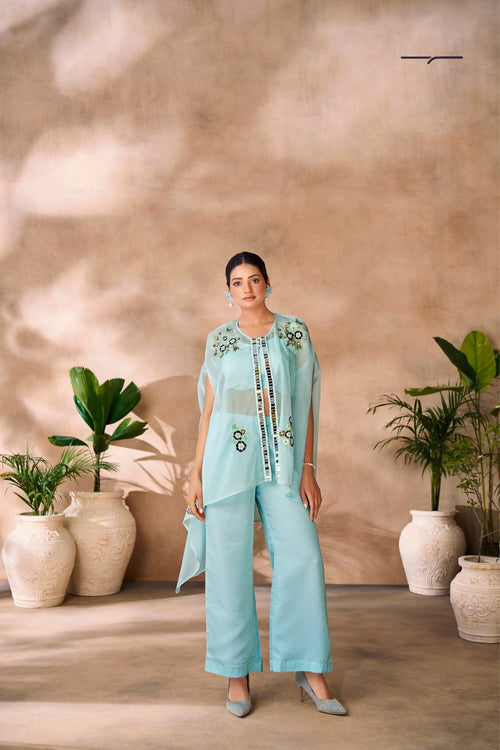 Aqua Blue Elegance Organza Co-Ord Set