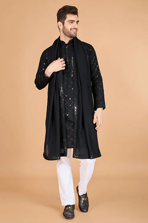 Black Color Kurta with Dupatta for Mens Wear