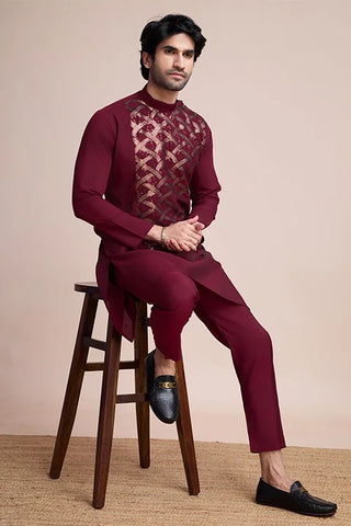 Traditional Embroidered Maroon Silk Kurta for Men