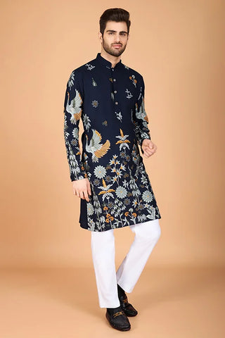 Navy Viscose Rayon Designer Men's Kurta Online