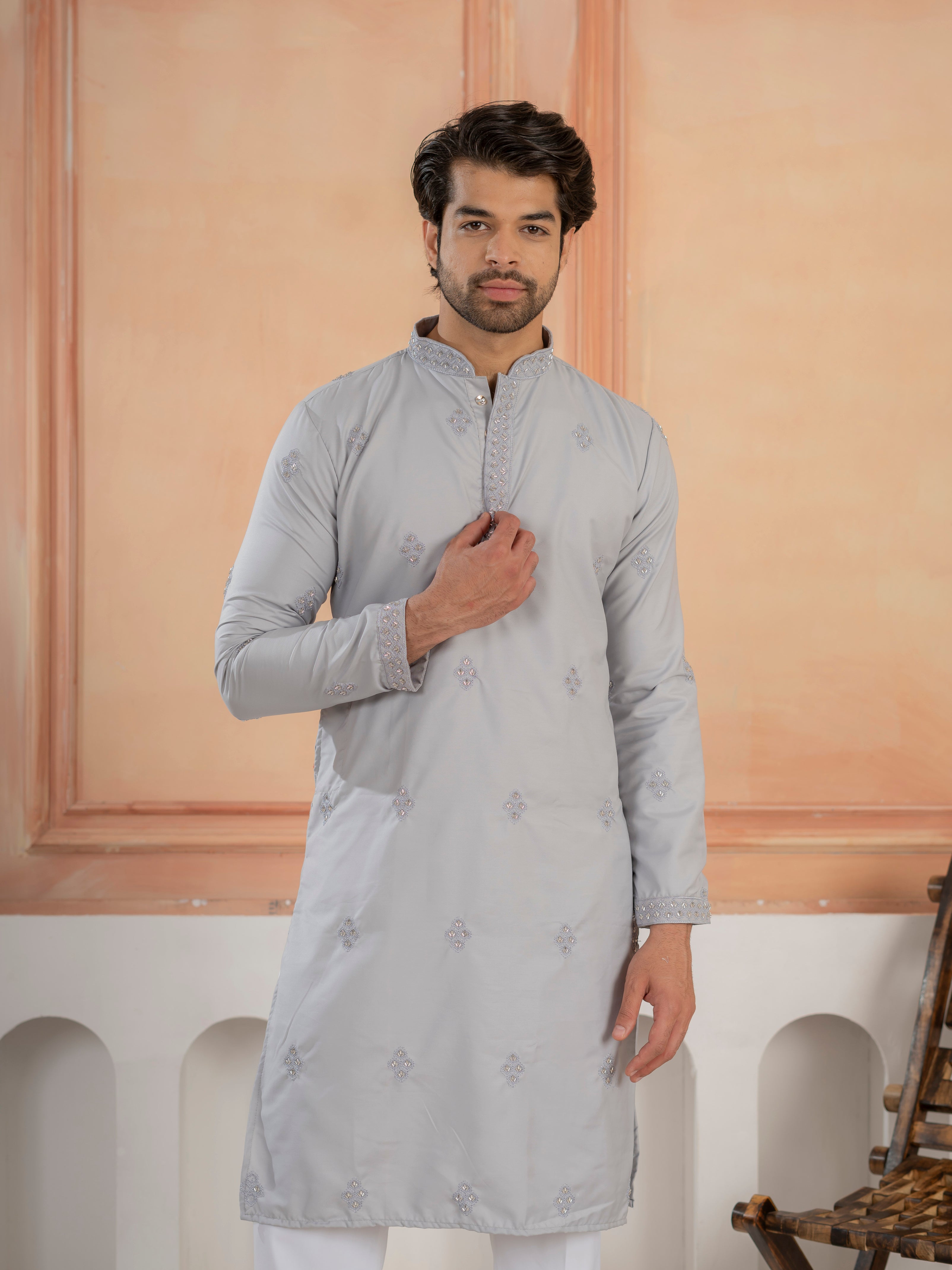Elegant Grey Soft Cotton Val-Moti Butta Work Kurta Set
