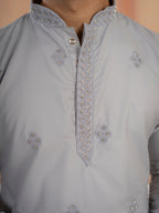 Elegant Grey Soft Cotton Val-Moti Butta Work Kurta Set
