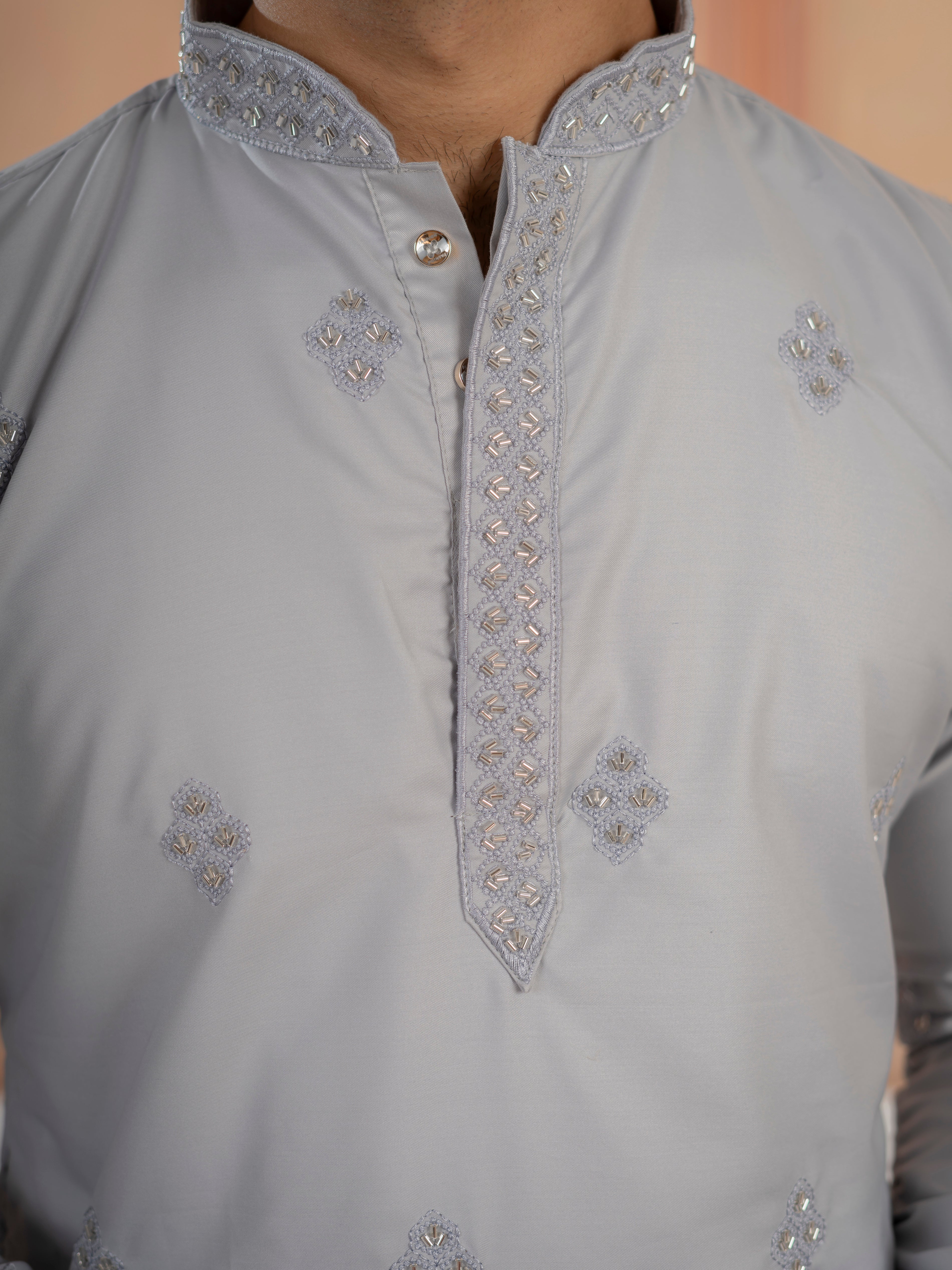 Elegant Grey Soft Cotton Val-Moti Butta Work Kurta Set

