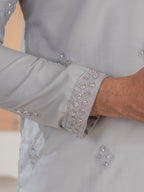 Elegant Grey Soft Cotton Val-Moti Butta Work Kurta Set
