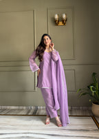 Elegant Lavender Crunchy Silk Siroski Work Women's Suit Set
