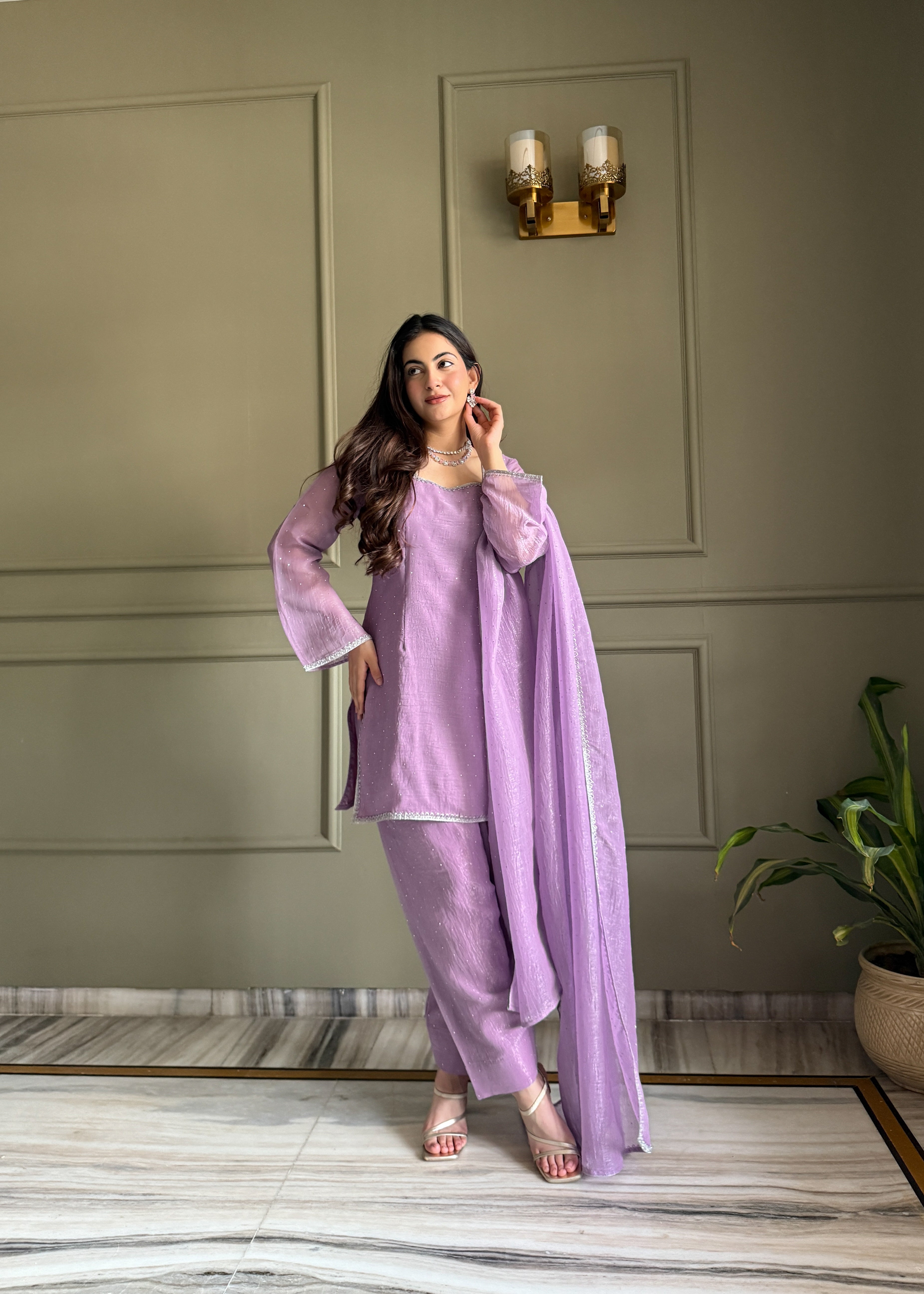 Elegant Lavender Crunchy Silk Siroski Work Women's Suit Set

