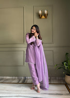 Elegant Lavender Crunchy Silk Siroski Work Women's Suit Set
