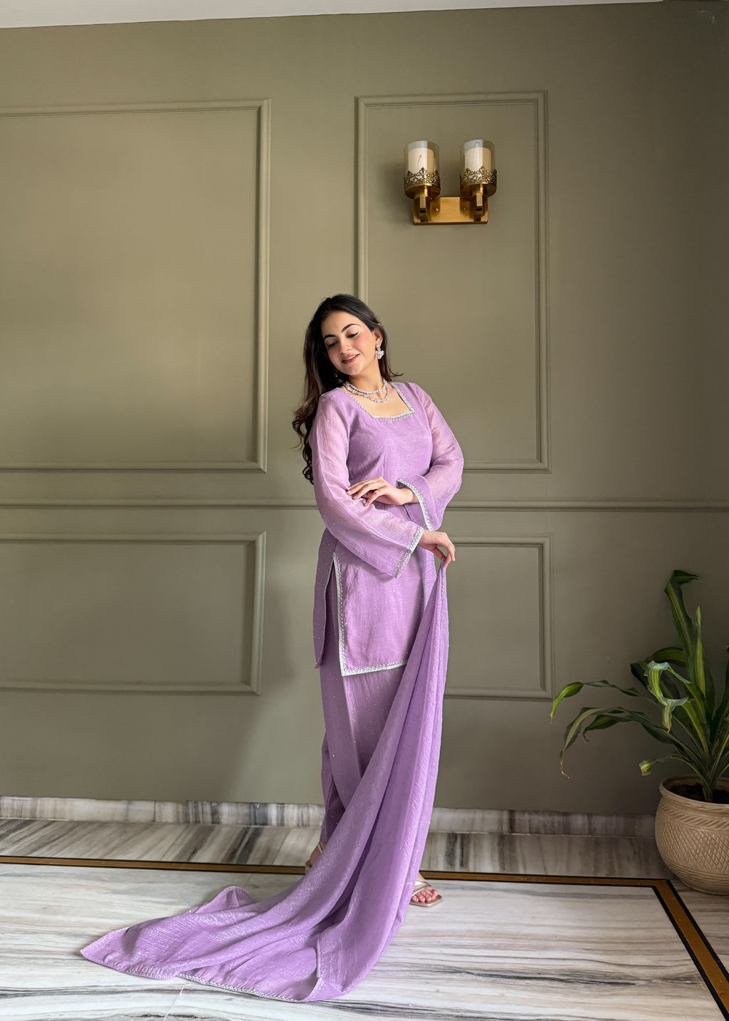 Elegant Lavender Crunchy Silk Siroski Work Women's Suit Set
