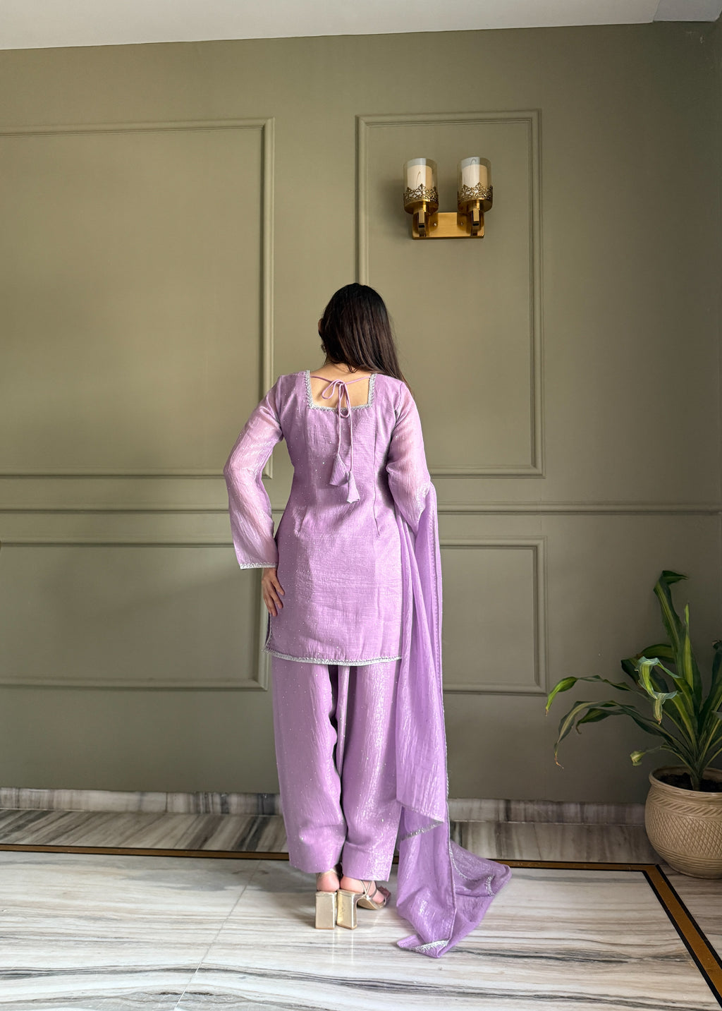 Elegant Lavender Crunchy Silk Siroski Work Women's Suit Set

