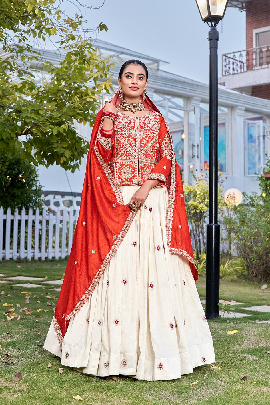 Elegant Tissue Silk Lehenga with Embroidered Kurti & Dupatta Set

