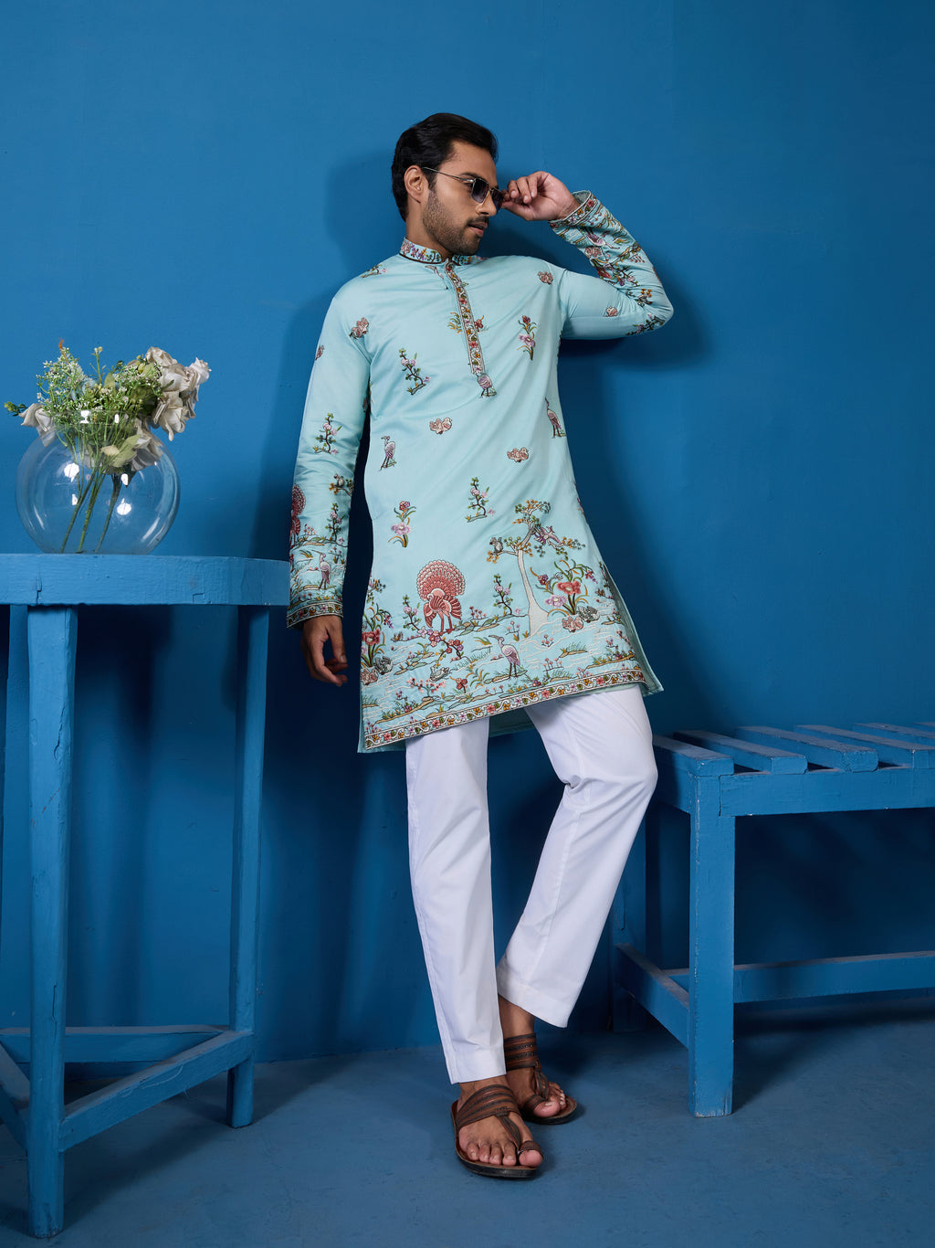 Wedding Celebration Elegant Sky Kurta for Mens Wear
