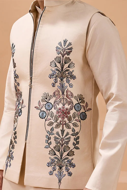 Tendy Beige Wedding Special Koti Kurta Set for Mens Wear