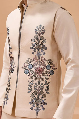 Tendy Beige Wedding Special Koti Kurta Set for Mens Wear