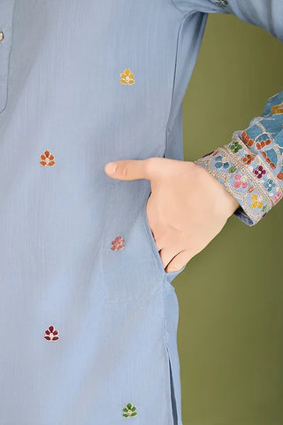 Sky Color Thread with Embroidered Cotton Gents Kurta