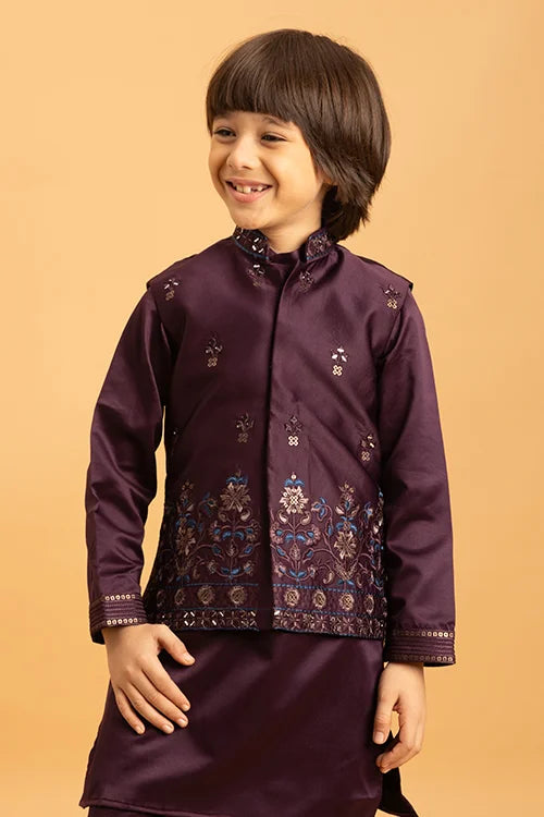 Purple Mirror Work Koti Kurta Set for Boys