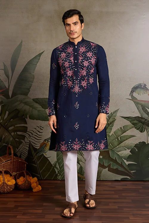 Wedding Special Navy Blue Embroidered Mens Kurta Set