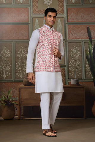 Wedding Pink Koti with White Kurta Pajama Set