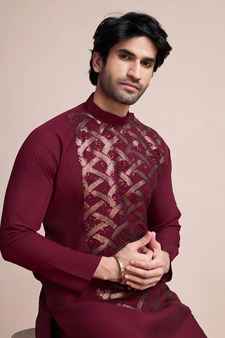 Traditional Embroidered Maroon Silk Kurta for Men