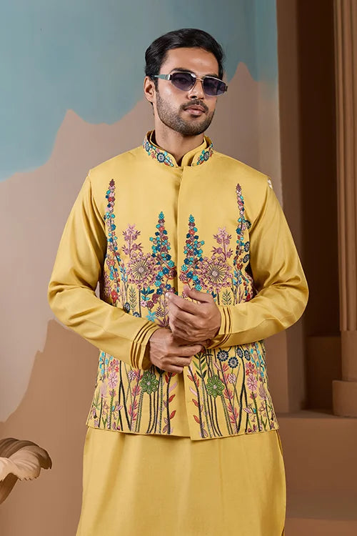 Haldi Ceremony Yellow Embroidered Koti Kurta Set for Mens