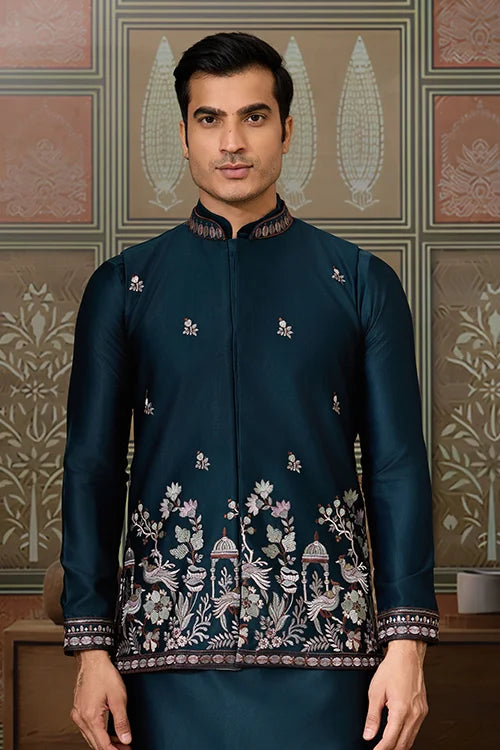 Traditional Teal Blue Koti Kurta Set for Mens Wear