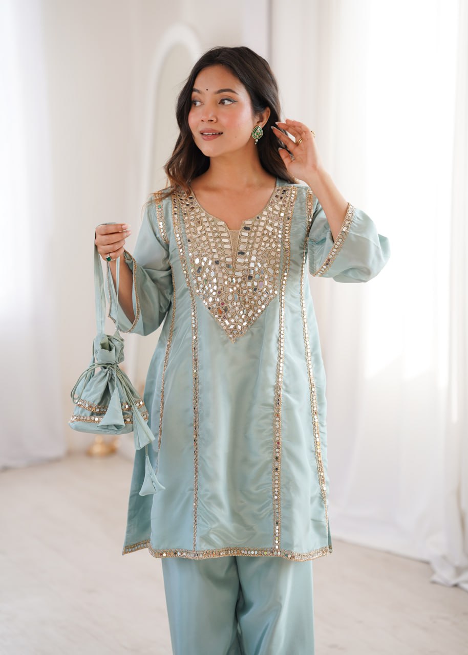 Trendy Ethnic Kurti Pant Set with Real Mirror c & Batwa