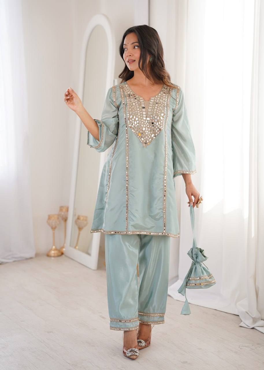 Trendy Ethnic Kurti Pant Set with Real Mirror c & Batwa
