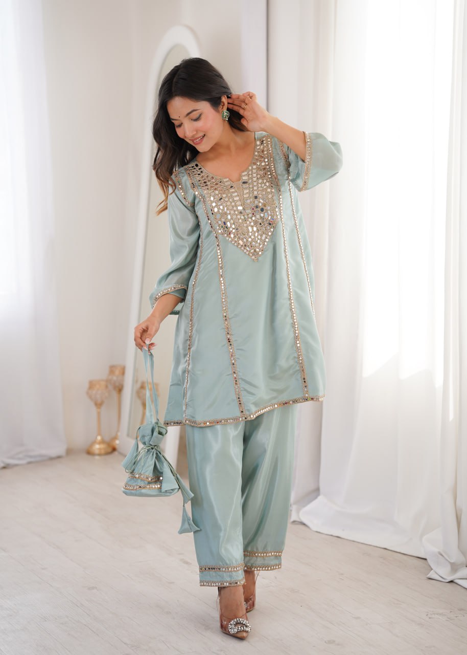 Trendy Ethnic Kurti Pant Set with Real Mirror c & Batwa
