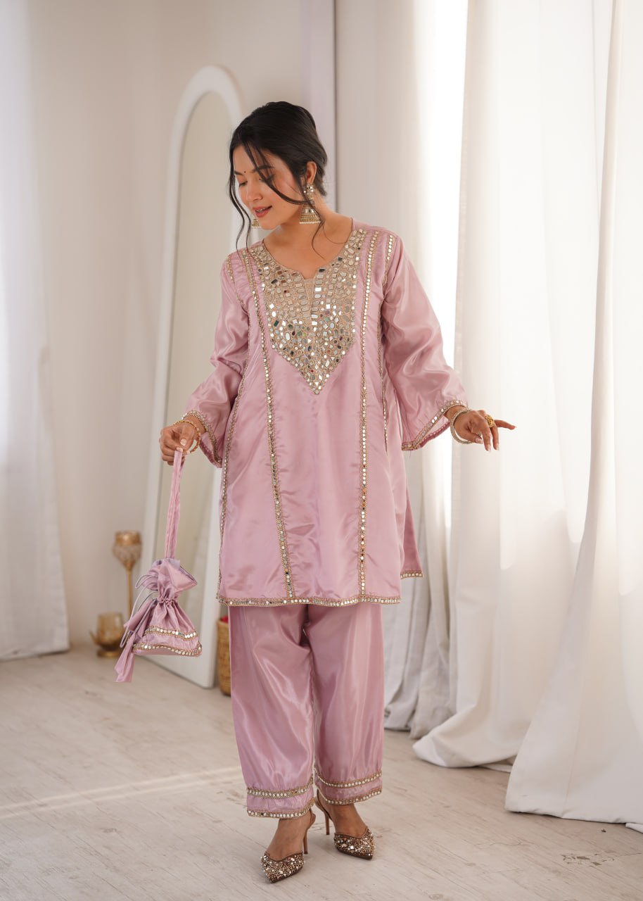 Trendy Ethnic Kurti Pant Set with Real Mirror c & Batwa