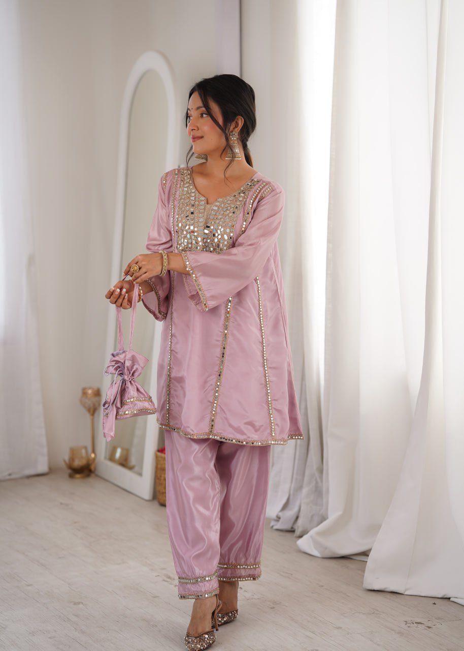 Trendy Ethnic Kurti Pant Set with Real Mirror c & Batwa