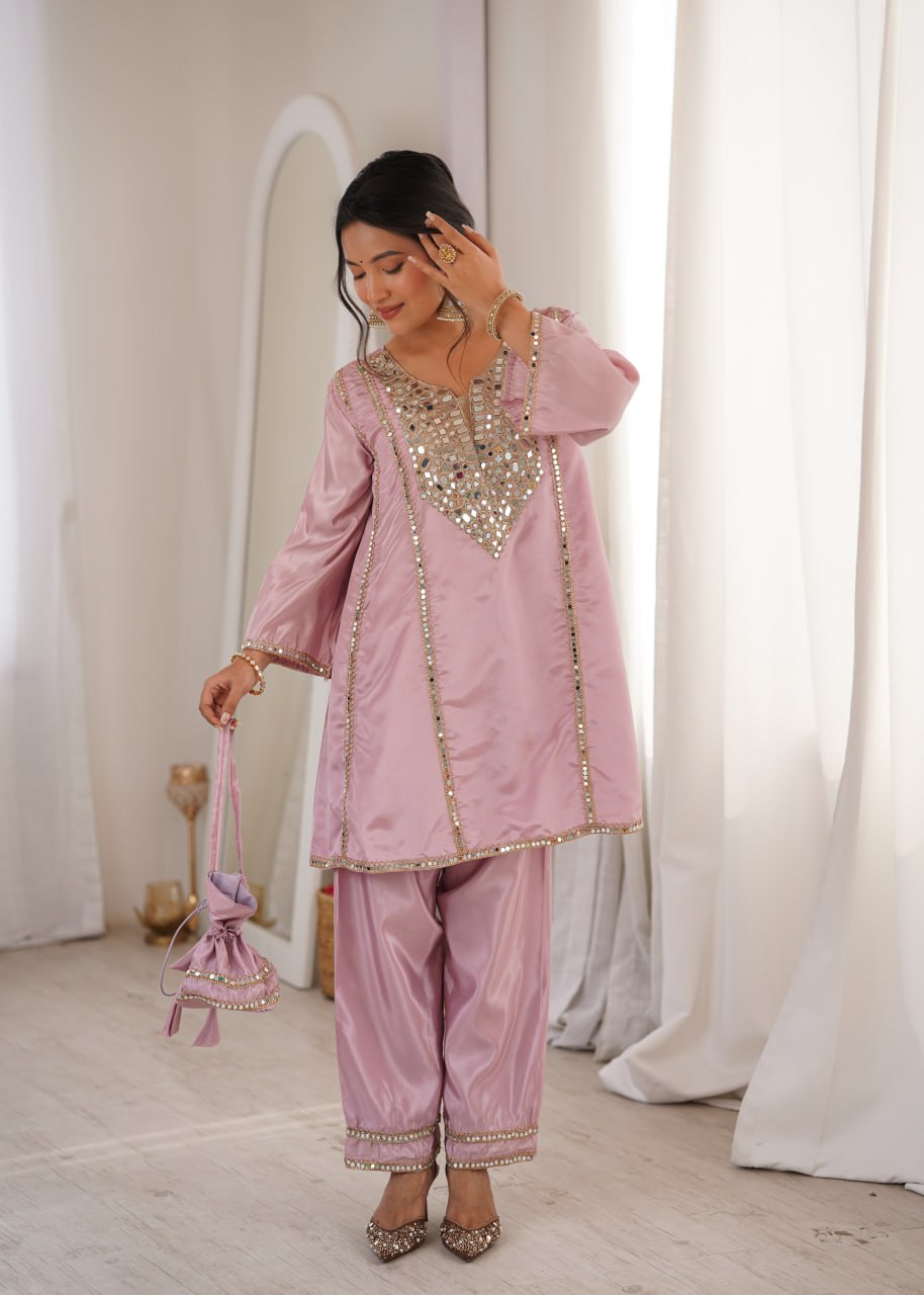 Trendy Ethnic Kurti Pant Set with Real Mirror c & Batwa
