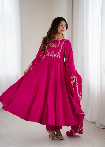 Dark Pink Pure Roman Chanderi Silk Anarkali Set with Dupatta For Women