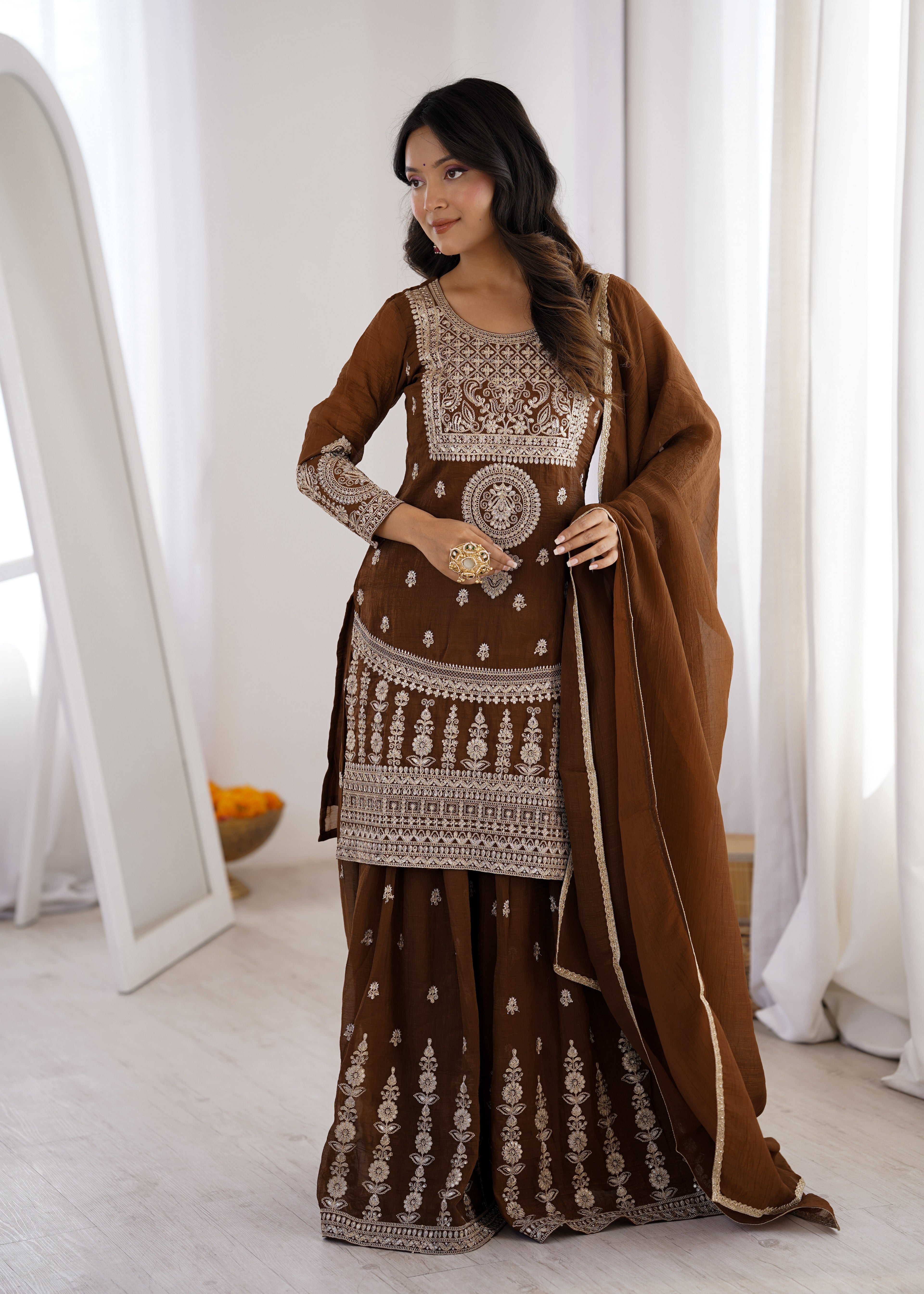 Stylish Ethnic Brown Pure Soft Crunchy Silk Fancy Embroidery Sharara Suit Set
