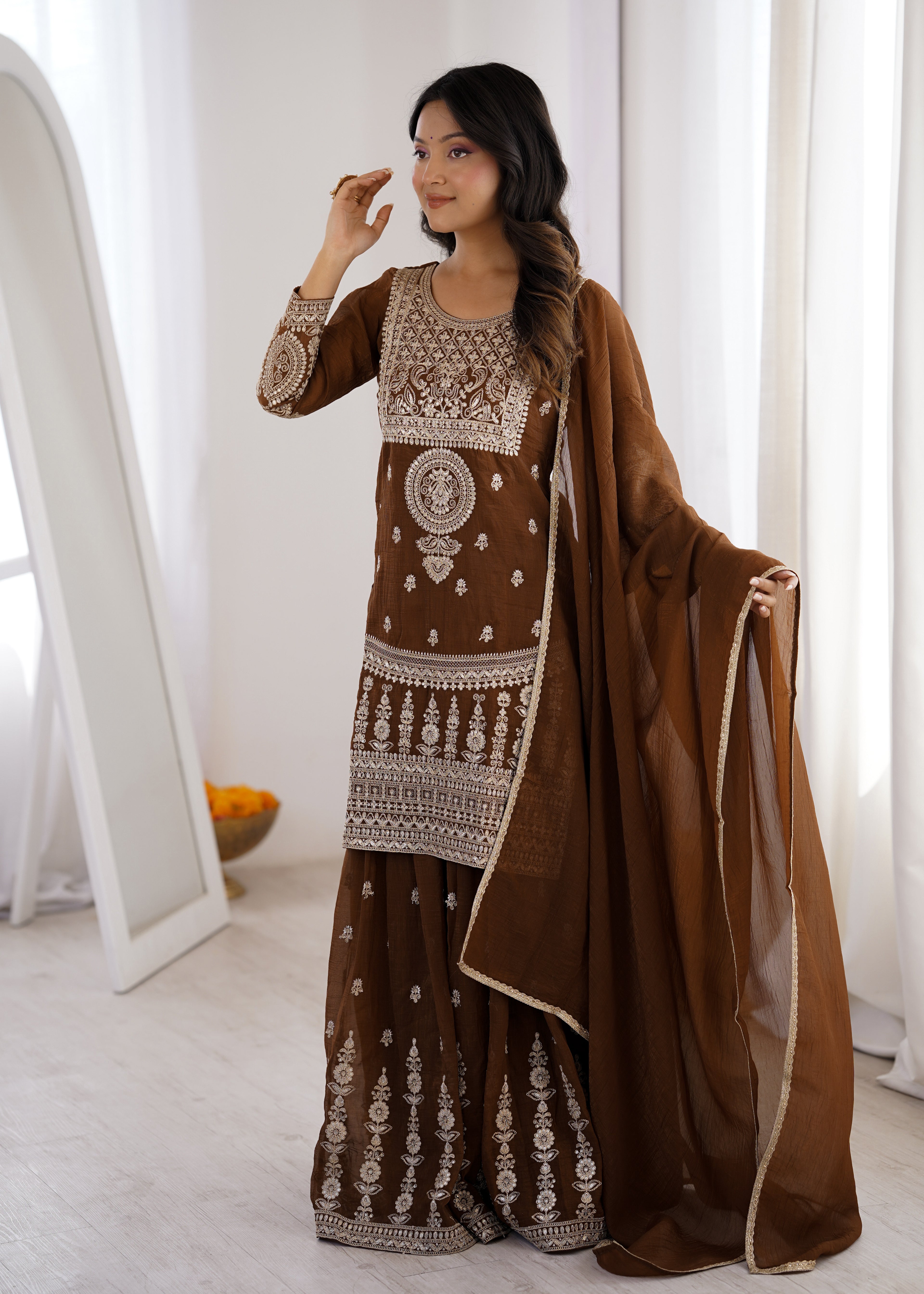 Stylish Ethnic Brown Pure Soft Crunchy Silk Fancy Embroidery Sharara Suit Set
