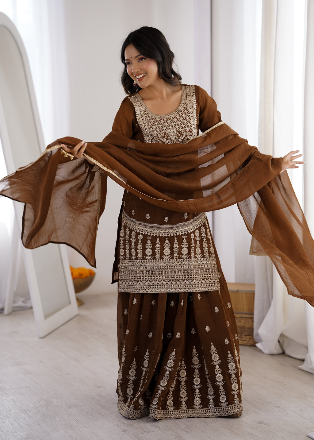 Stylish Ethnic Brown Pure Soft Crunchy Silk Fancy Embroidery Sharara Suit Set
