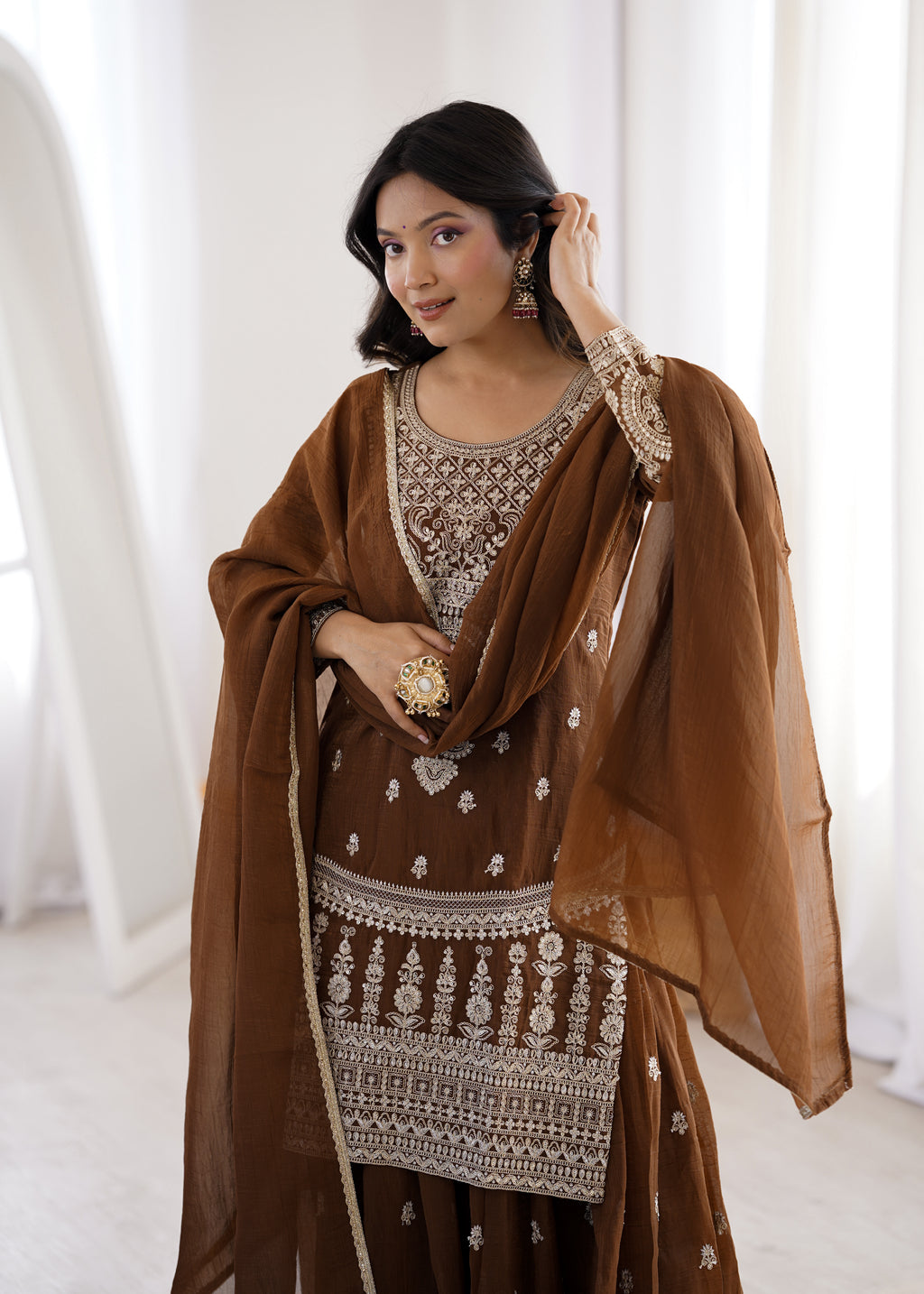 Stylish Ethnic Brown Pure Soft Crunchy Silk Fancy Embroidery Sharara Suit Set
