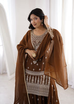 Stylish Ethnic Brown Pure Soft Crunchy Silk Fancy Embroidery Sharara Suit Set
