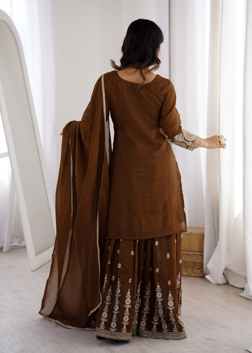 Stylish Ethnic Brown Pure Soft Crunchy Silk Fancy Embroidery Sharara Suit Set
