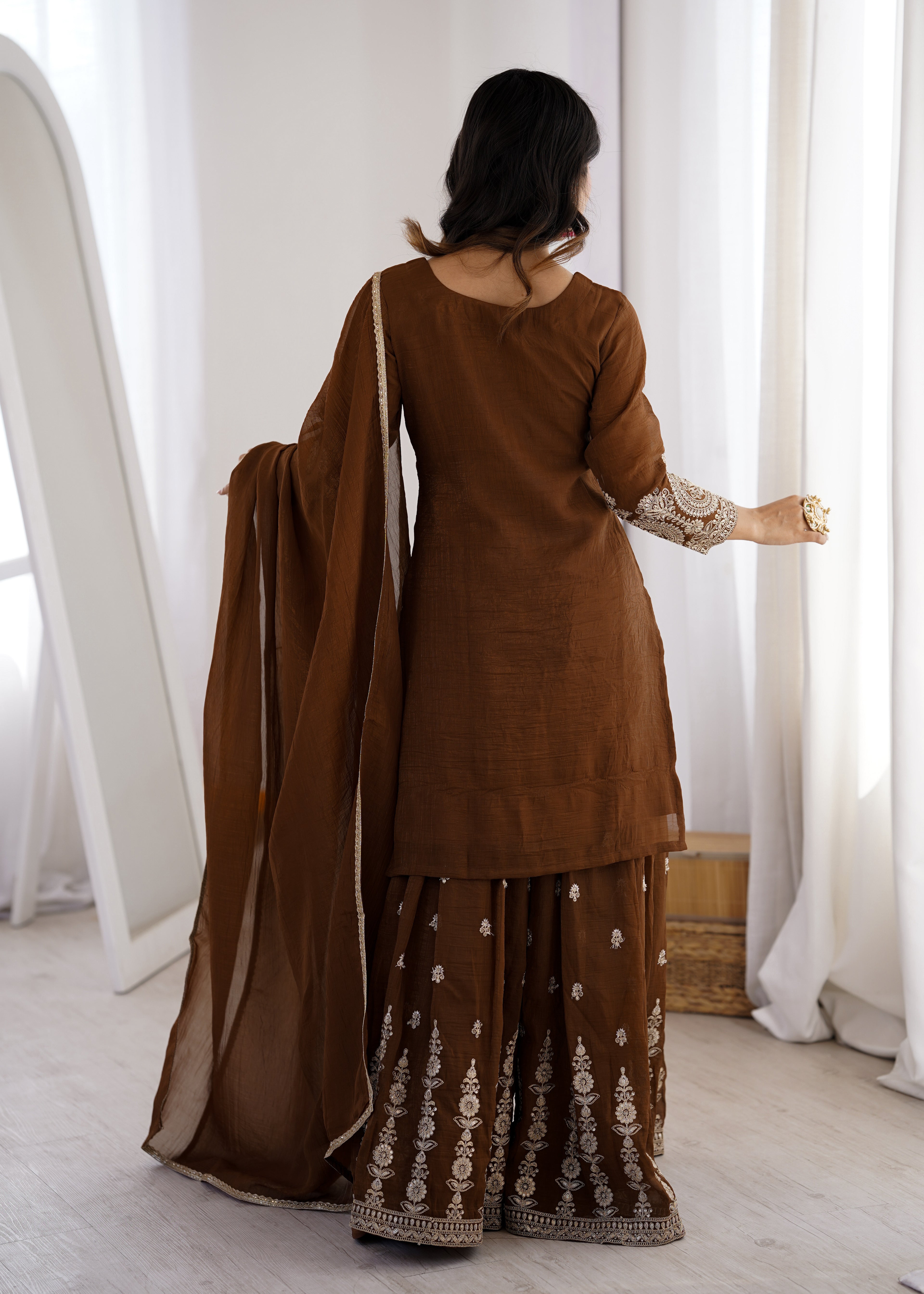 Stylish Ethnic Brown Pure Soft Crunchy Silk Fancy Embroidery Sharara Suit Set
