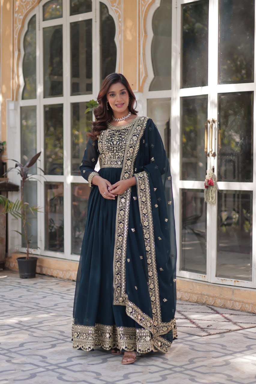 Fancy Faux Blooming with Embroidery Zari Sequins work Gown Set
