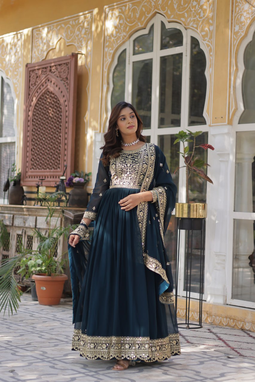 Fancy Faux Blooming with Embroidery Zari Sequins work Gown Set
