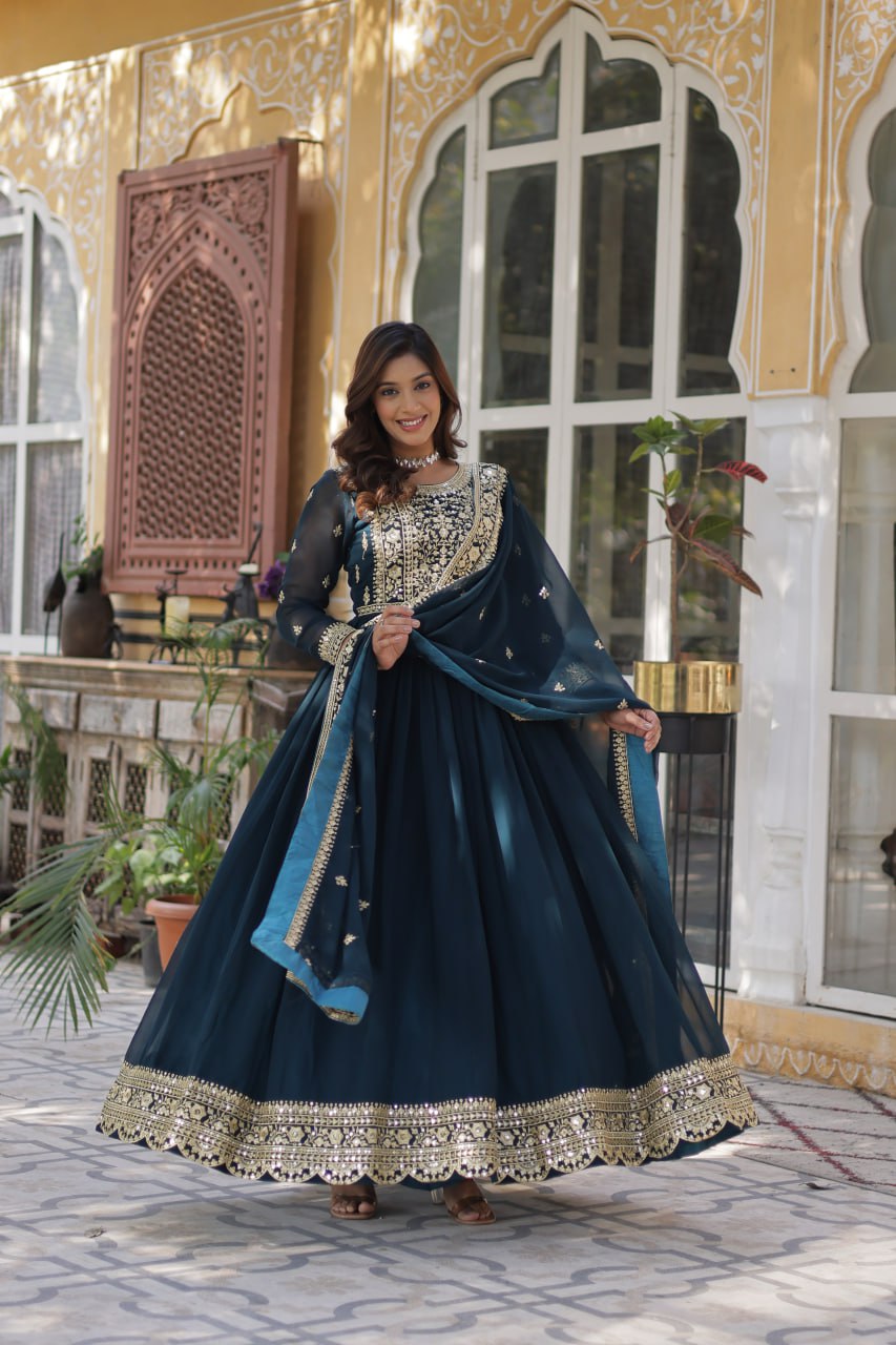 Fancy Faux Blooming with Embroidery Zari Sequins work Gown Set
