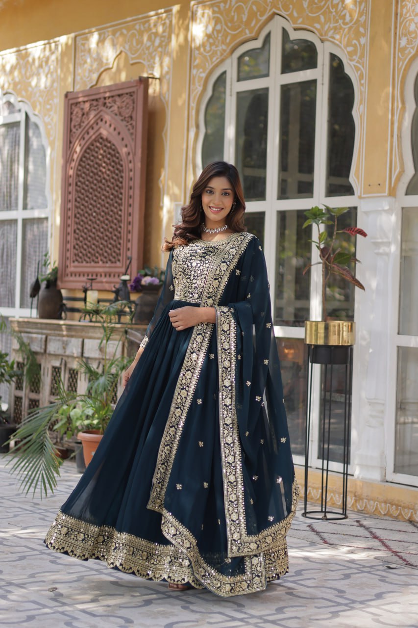 Fancy Faux Blooming with Embroidery Zari Sequins work Gown Set
