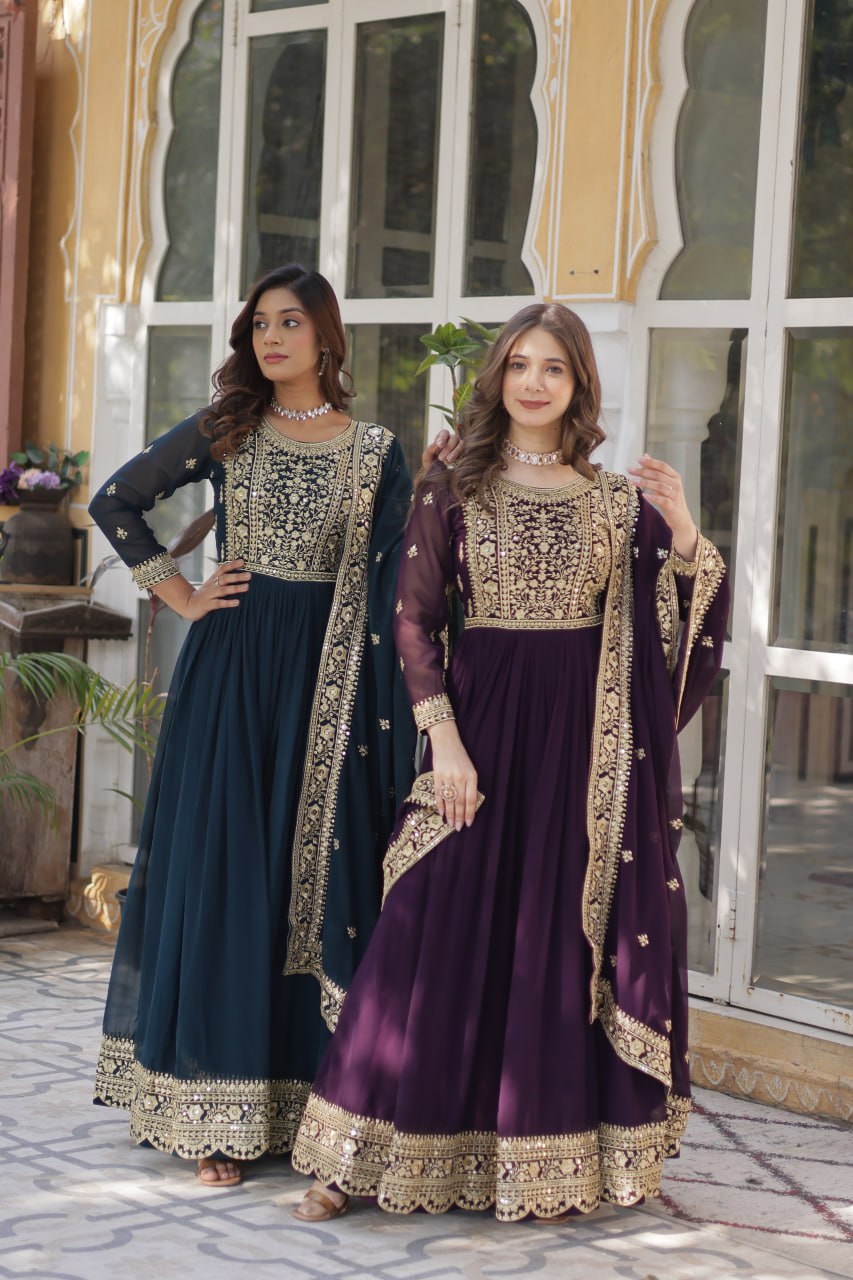 Fancy Faux Blooming with Embroidery Zari Sequins work Gown Set

