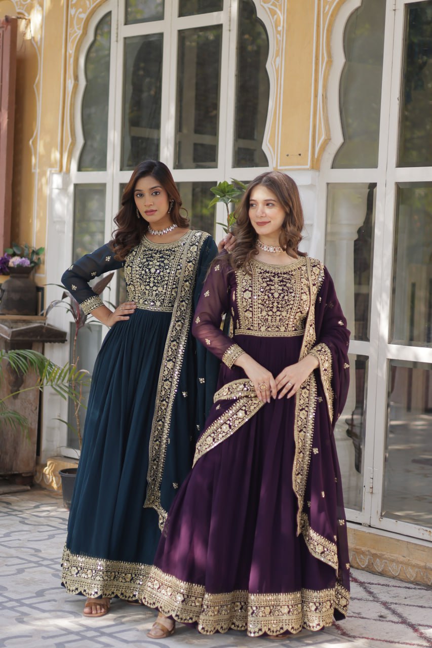 Fancy Faux Blooming with Embroidery Zari Sequins work Gown Set

