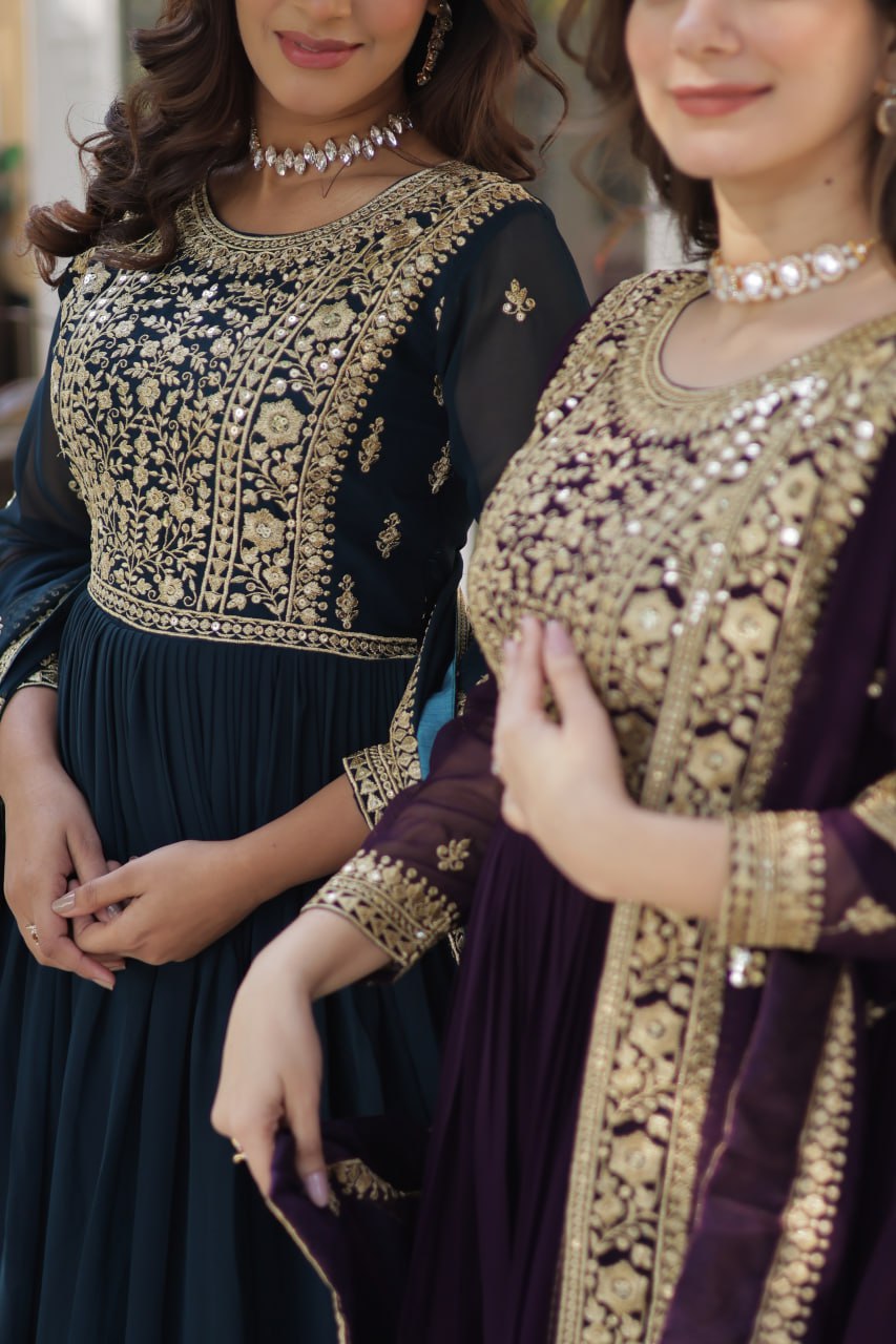 Fancy Faux Blooming with Embroidery Zari Sequins work Gown Set
