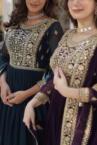 Fancy Faux Blooming with Embroidery Zari Sequins work Gown Set
