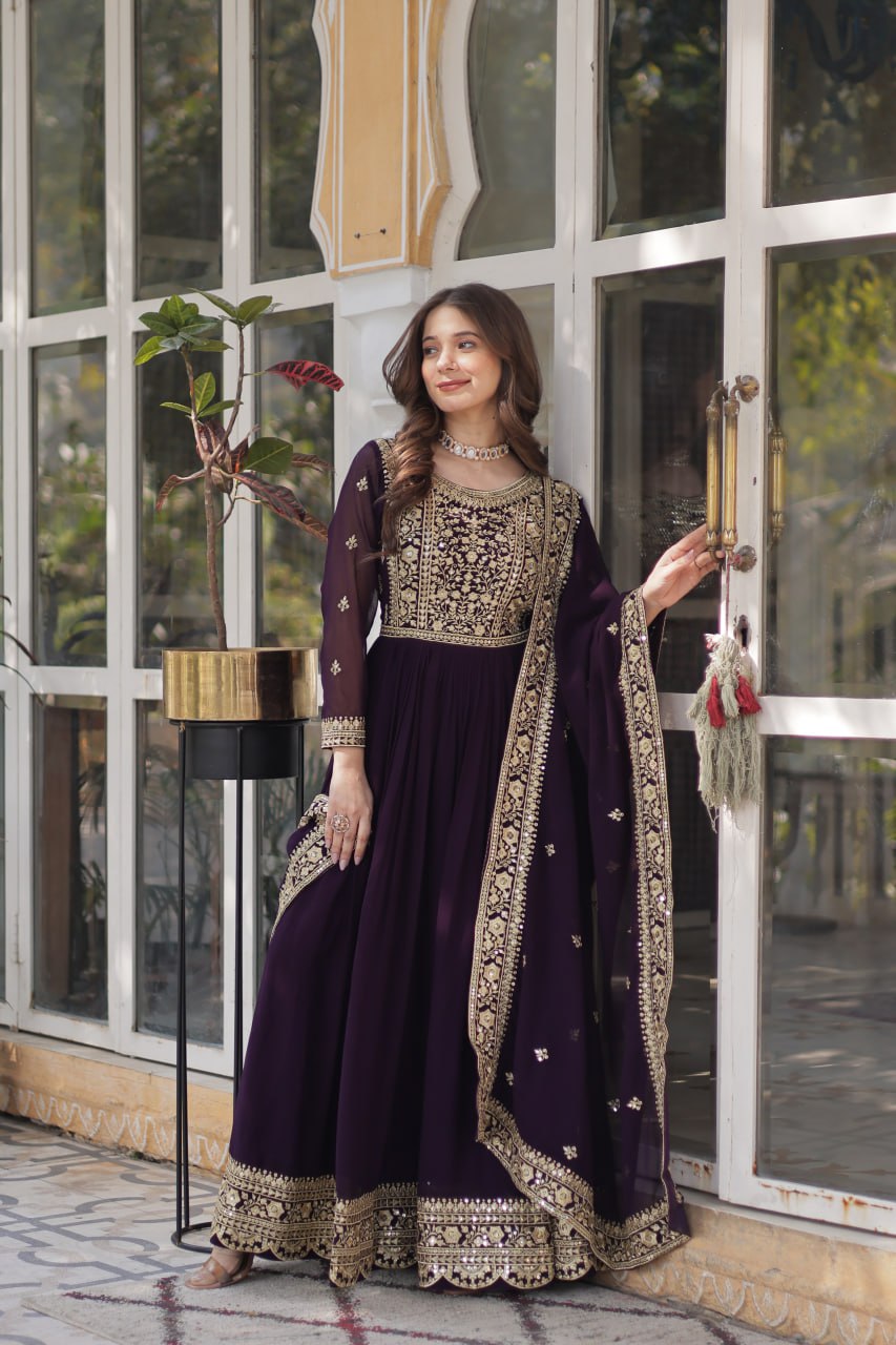 Fancy Faux Blooming with Embroidery Zari Sequins work Gown Set
