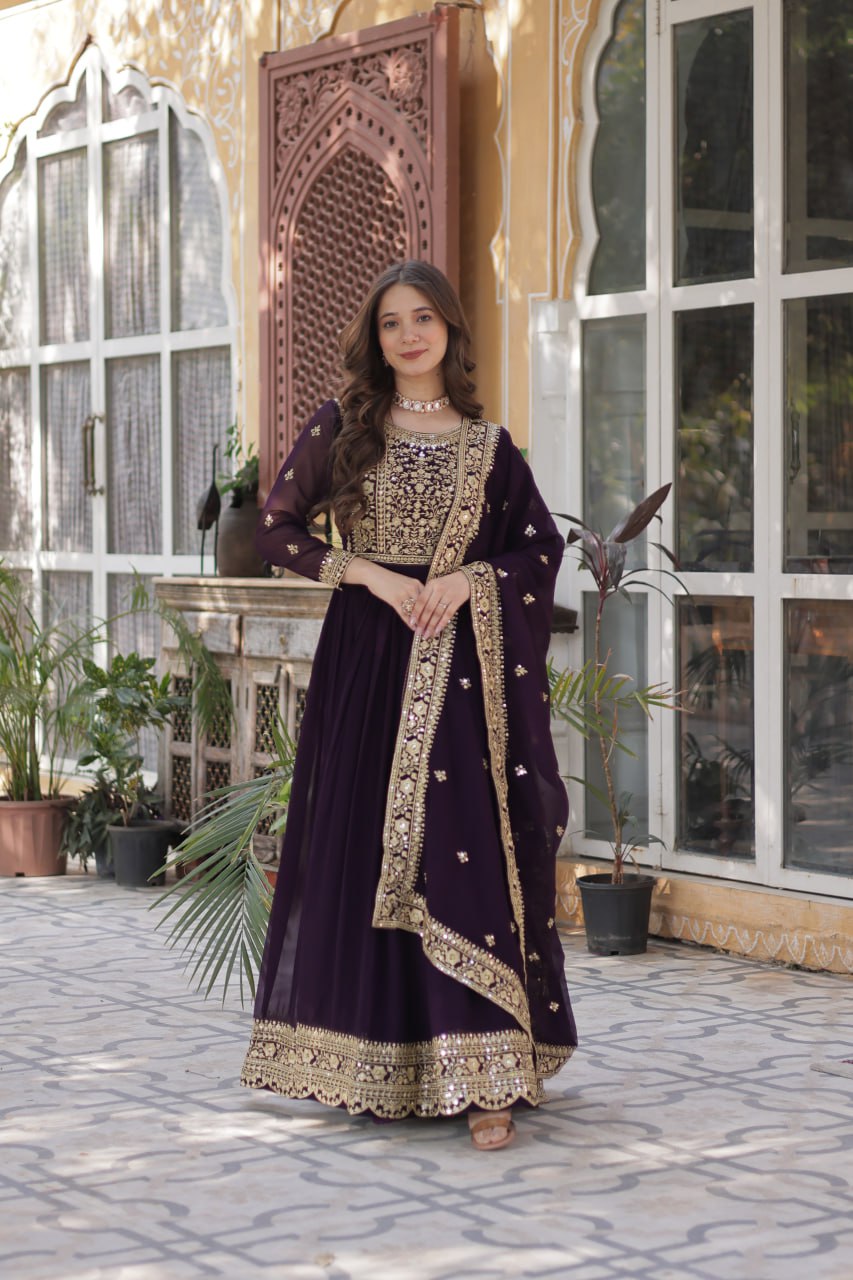 Fancy Faux Blooming with Embroidery Zari Sequins work Gown Set
